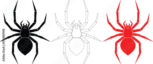 Spider Vector Set, Black and Red Arachnid Silhouettes and Outline Icon Isolated on White