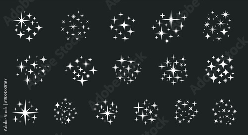 Large collection of white star and sparkle icons in various shapes and sizes arranged on a dark gray background for decorative use.