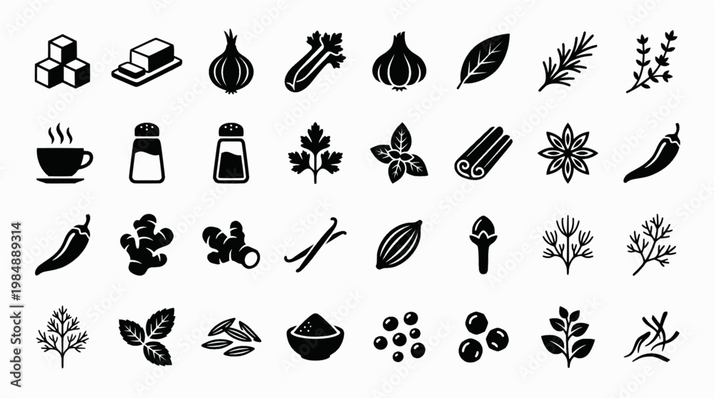 Fototapeta premium Classic Stuffing Icons. Classic Stuffing. Line icon set of Classic Stuffing: bread cubes, butter, onion, celery, garlic, sage, thyme, rosemary, chicken broth,