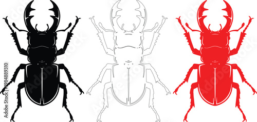 Stag Beetle Vector Set, Black and Red Lucanus Cervus Silhouettes and Outline on White