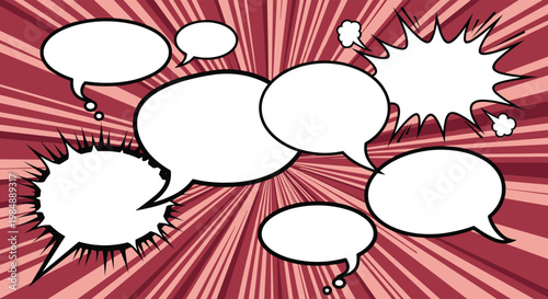 Various blank white comic book speech and thought bubbles of different shapes placed on a red and brown radial burst background pattern.