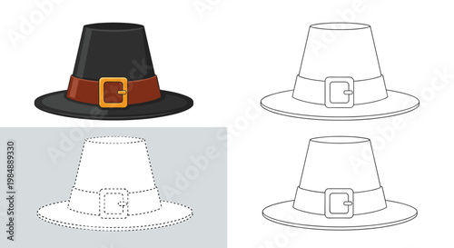 Set of four pilgrim hat illustrations in different styles including full color, outline, and dotted lines for various design applications.