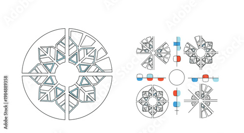 Puzzle-themed illustration showing parts of a snowflake and a completed version, designed for logic games and winter educational activities.