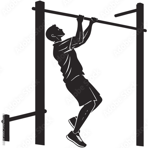 A black silhouette of a man doing pull-ups on a bar