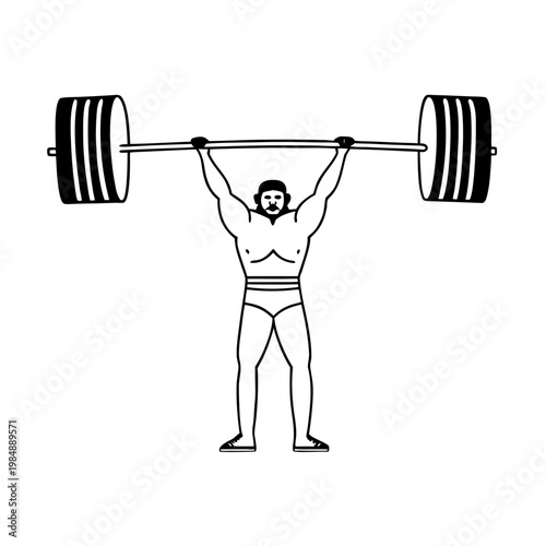 A minimalist vector illustration of a muscular man lifting a heavy barbell overhead in a simple black and white design