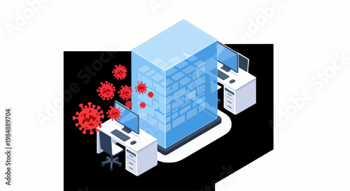 Isometric Cybersecurity Concept of Firewall Protecting Computer Network from Virus and Malware Attack