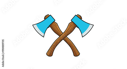Vector illustration of two crossed axes with bright blue blades and textured wooden handles, isolated against a plain white background.