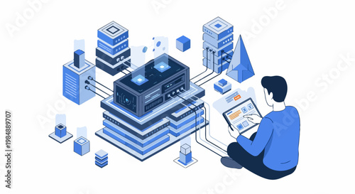 Data Center Infrastructure Isometric Illustration with IT Professional Managing Server Racks and Cloud Computing Network on Digital Tablet