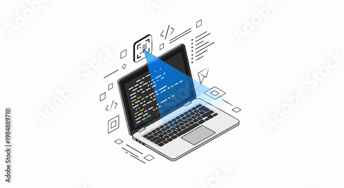 Isometric Laptop with Programming Code Scanning and Software Development Concept Illustration