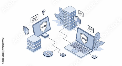 Isometric Illustration of Secure VPN Network with Laptop, Desktop, and Servers for Data Privacy and Cyber Security Protection