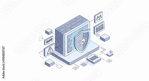 Isometric 3D Cybersecurity Concept Illustration with Firewall and Antivirus Shield for Data Protection and Network Security