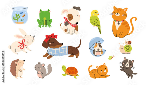 Cute pet animals collection. Dog, cat, parrot, chinchilla, hamster, turtle, snail, frog and small furry mammals on white background. Flat vector illustration.