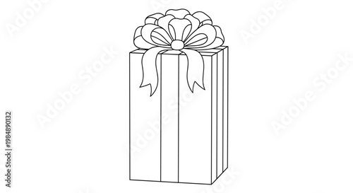 Tall rectangular gift box outline topped with an elaborate large bow, designed as a coloring page or a simple vector icon for celebrations.