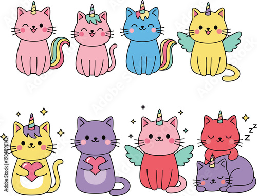Cute unicorn cats cartoon set with wings, hearts and sleeping poses, kawaii fantasy animal characters for kids illustration