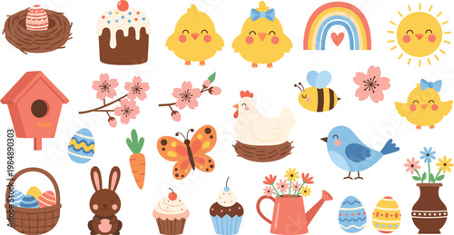 Tableau sur toile Spring elements collection cute birds flowers eggs rainbow and nest cartoon vect