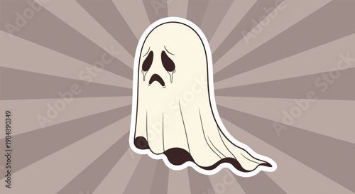 Crying ghost character with teardrops on a light tan background with radiating sunburst rays for a spooky theme.