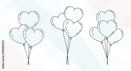 Heart shaped balloons in clusters of three and four with dashed line details for romantic or celebratory themes.