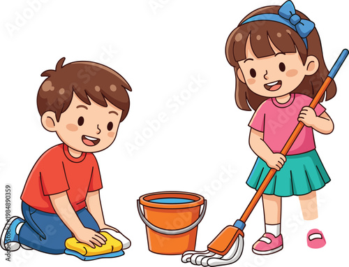Kids cleaning house cartoon children doing chores mopping and wiping vector illustration