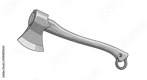 Hand axe tool with a sharp metal blade and a wooden handle depicted in a clean illustrative style for outdoor use.