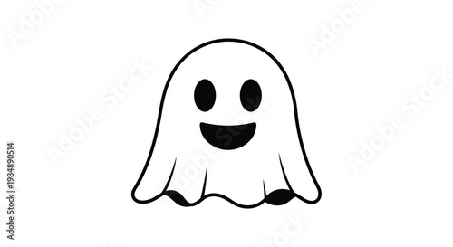 Happy smiling ghost character with big black eyes and an open mouth for fun Halloween decorations and designs.