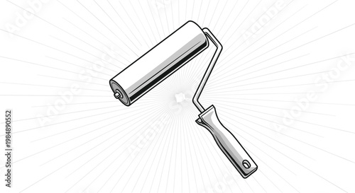 Paint roller tool in a dynamic angled view with radiating lines background suitable for renovation or DIY topics.