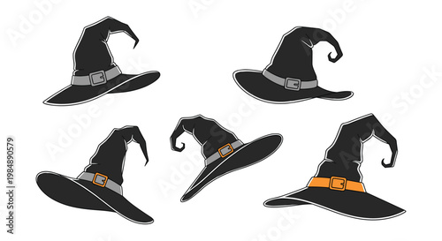 Assortment of black witch hats with different buckle colors and brim shapes for Halloween and magical design themes.