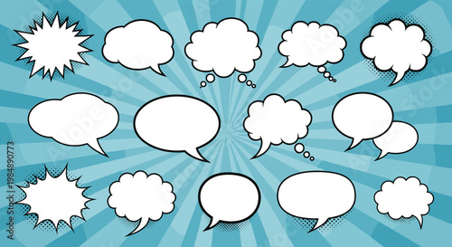 Comic style speech bubbles and text clouds on a blue radiating burst background for dynamic storytelling designs.