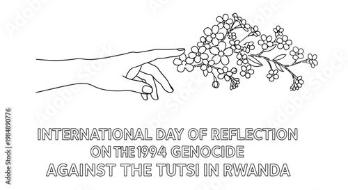 Hand holding flowers with text commemorating the 1994 genocide against the tutsi in rwanda