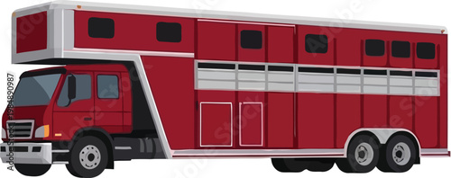 Red horse trailer truck a large vehicle for transporting animals isolated on a white background for commercial use