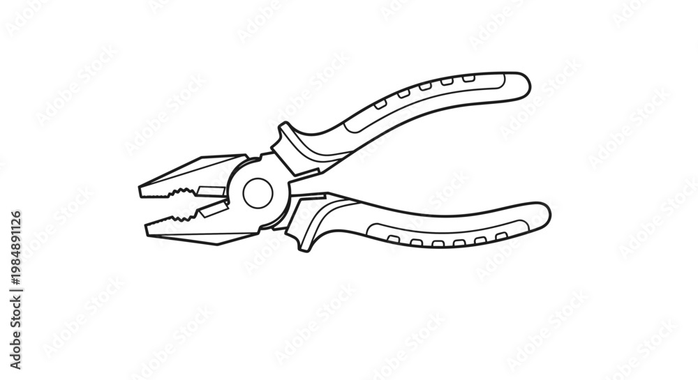 Obraz premium Metal pliers hand tool line drawing with textured handles for industrial maintenance and DIY repair equipment illustrations.