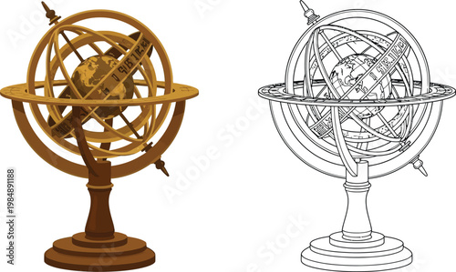 Antique armillary sphere and its outline a historical astronomical instrument for celestial navigation isolated on white background