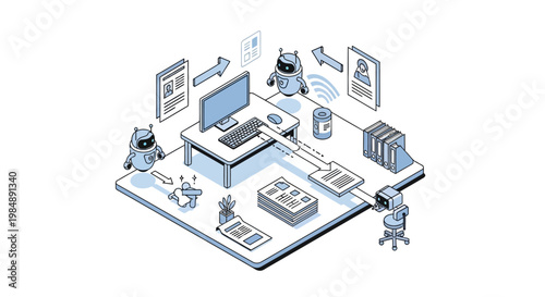 Robotic Process Automation RPA Isometric Concept with AI Assistants Managing Office Workflow and Documents