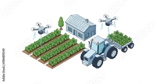 Isometric Illustration of Smart Agriculture with Drones Monitoring Crops and Autonomous Tractor on a Modern Farm