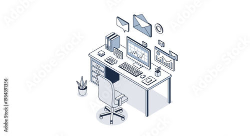 Isometric Modern Workspace Illustration Featuring Computer Data Analytics, Email Icons, and Office Supplies