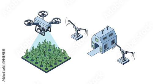 Smart Farming and AgTech Isometric Illustration Featuring Agricultural Drone Monitoring Crops and Robotic Automation Sensors