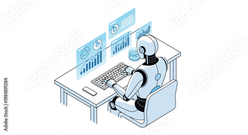 AI Robot Analyzing Big Data and Financial Charts on Holographic Screens at a Desk, Isometric Illustration of Machine Learning and Business Automation Concept