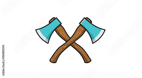 Two crossed axes with wooden handles and blue metal heads for camping adventure icons and lumberjack forestry service logos.