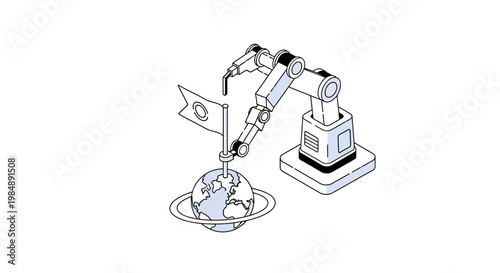 Isometric Robotic Arm Planting Flag on Globe - Global Automation and Industrial AI Concept Illustration