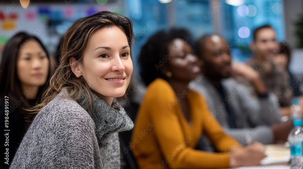 Obraz premium Corporate diversity workshop in progress, facilitator engaging multiethnic group, clean studio strobe precision lighting on attentive faces