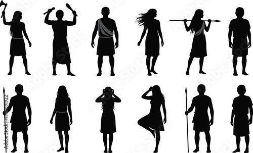 Ancient tribal people silhouettes with warriors and women holding weapons spear axe primitive culture historical characters isolated illustration set