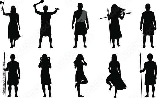 Ancient tribal warrior silhouettes set with men women holding weapons spear axe historical characters isolated black illustration collection design