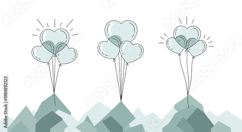 Soft blue heart shaped balloons in three separate clusters floating over abstract mountains for romantic and peaceful design themes.