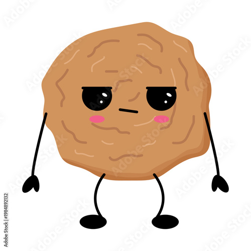 Round, brown cookie character with a frowning face