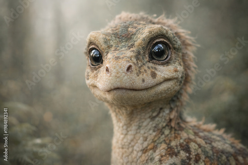 Cute Baby Dinosaur With Big Eyes in a Misty Ancient Forest