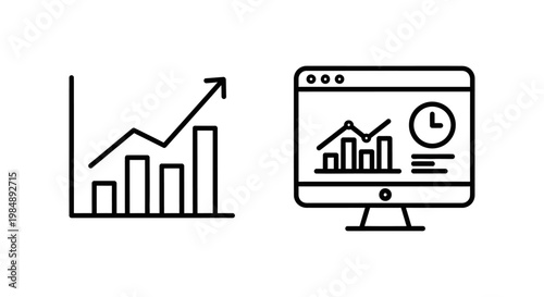 Budget forecast and financial forecast icons showing upward trends data analytics future predictions on a bar chart and computer monitor forecast financial prediction analytics computer