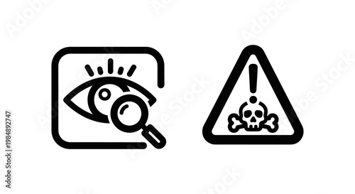 High exposure and high risk safety warning icons including an eye with magnifying glass and a skull and crossbones hazard sign for occupational health and danger prevention labels exposure detection