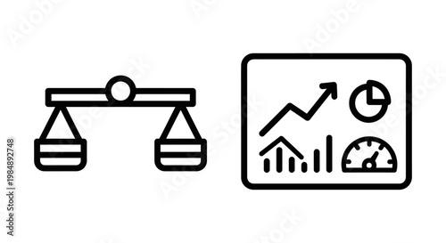 Workload balance and dashboard icons representing equal task distribution and business performance metrics visualization with workload dashboard management productivity equilibrium equality