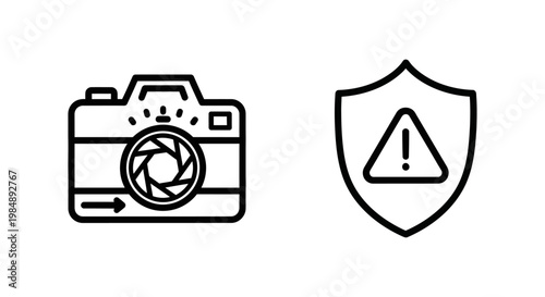 Medium exposure camera photography setting and medium risk shield warning icon set for technical monitoring with exposure photography technical settings aperture security protection assessment