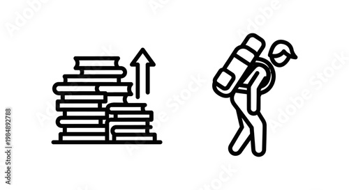 Workload and task pressure linear icons featuring stacked books with growth arrow and person carrying heavy backpack for academic or business stress concept workload pressure increase backpack