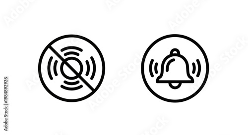 Notification bell and silent mode icons for sound alerts and off settings with notification application technology interface communication illustration function activate deactivate soundwave